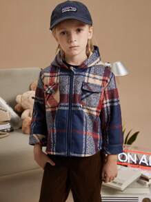 PrepCrw 男童学院风红色格纹编织修身连帽夹克，秋冬款 - 藍色 - 查看 1