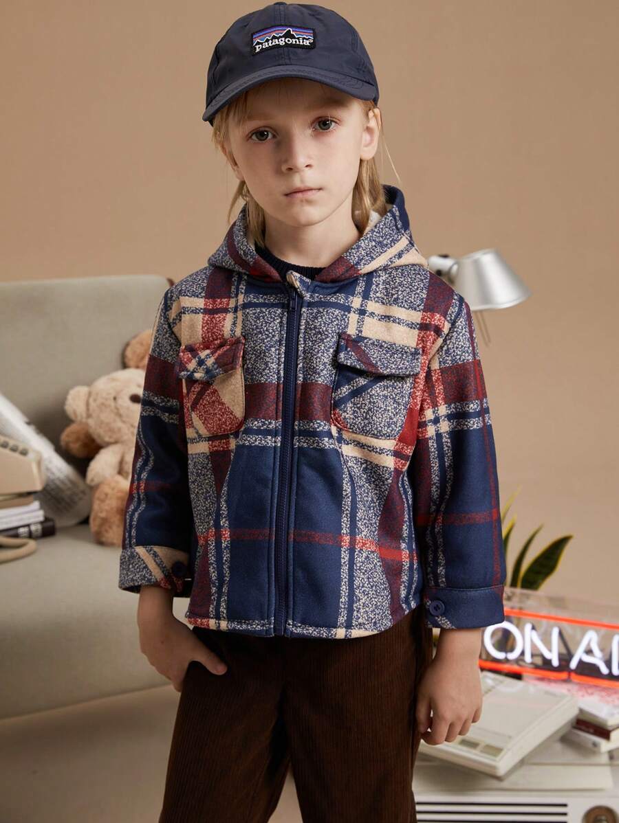 PrepCrw 男童学院风红色格纹编织修身连帽夹克，秋冬款 - 藍色 - 查看 1