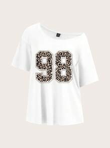 SHEIN Essnce Casual Minimalist Leopard 98 Graphic Loose Fitting T-Shirt For Women,Slightly Sheer Suitable For Summer - White - View 1