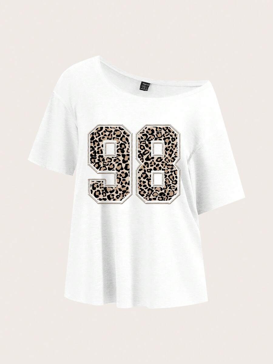 SHEIN Essnce Casual Minimalist Leopard 98 Graphic Loose Fitting T-Shirt For Women,Slightly Sheer Suitable For Summer - White - View 1
