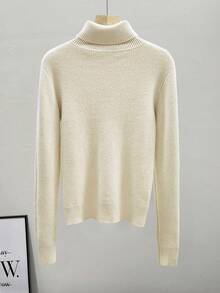 SHEIN Essnce Áo len chui đầu cổ lọ một mảnh màu trơn mới, lót nhiệt, thêu dày, vừa vặn thanh lịch dành cho nữ - Màu be - Xem 2