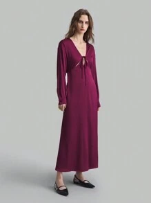 Ontre Women's Purple Solid Deep V-Neck Long Sleeve Elegant Dress With Tie-Front, Autumn/Winter