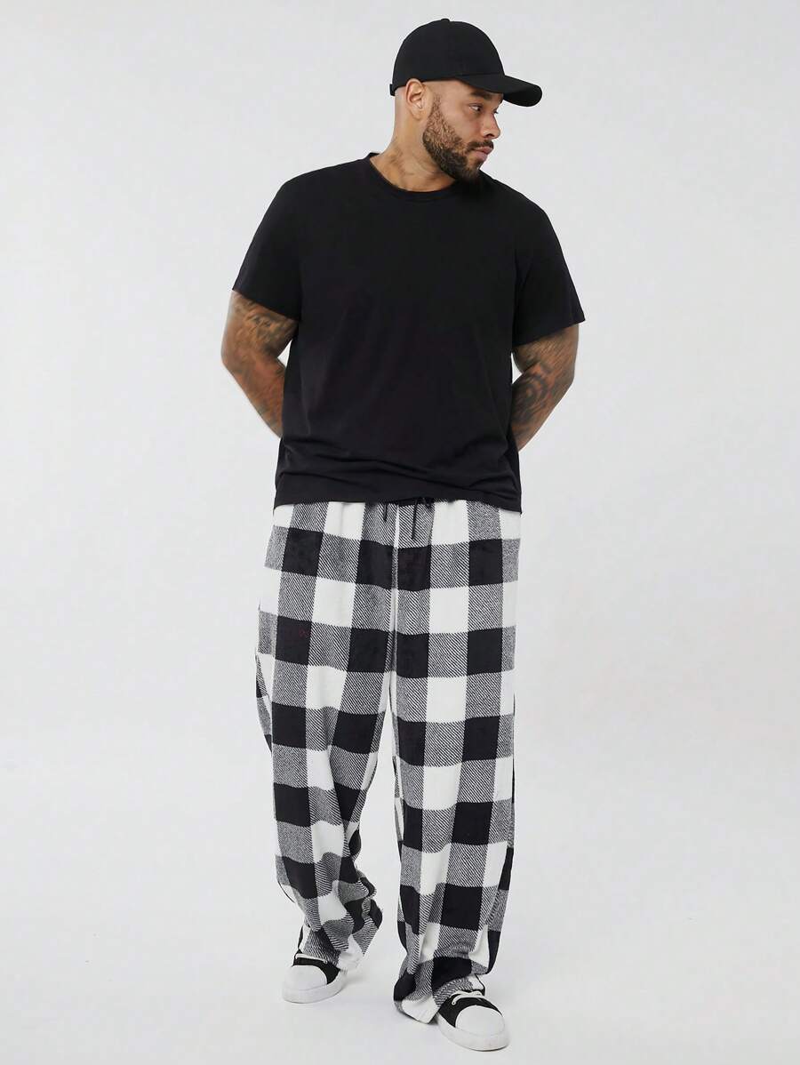 Manfinity VCAY 大码男士宽松休闲黑白水牛格子法兰绒长裤，外出宽松裤，适合老公、男朋友的礼物