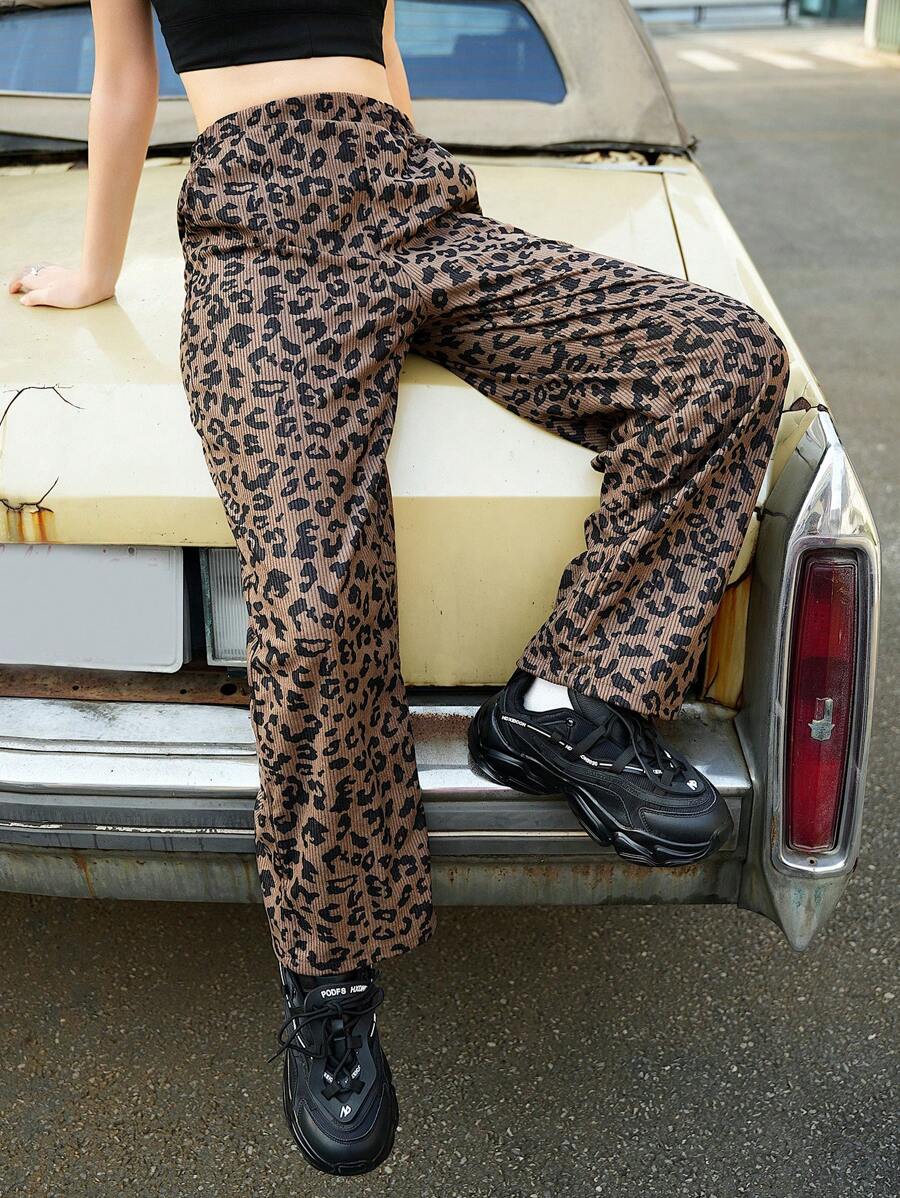 SHEIN Pantalones rectos con estampado de leopardo de moda informal para adolescentes/adolescentes niñas, para el otoño