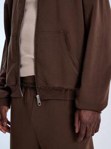 Musero Men Zip Up Raw Hem Hoodie - Brown - View 5