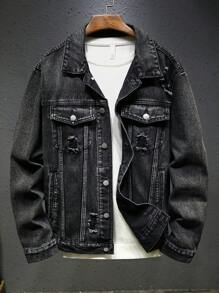 Manfinity LEGND Men's Loose Fit Washed Gray Street Wear Dark Denim Jacket With Letter Print, Casual Outerwear, For Boyfriend Gift, Going Out - Dark Grey - View 2