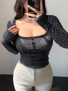 DAZY New Arrival Autumn Floral Lace Trim Fitted T-Shirt Going Out Tops