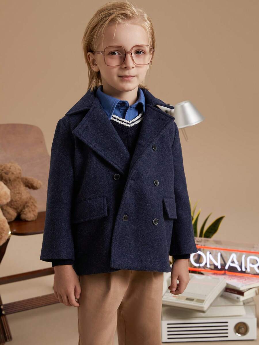 PrepCrw Young Boys School Button-Up Trench Coat With Turndown Collar, Blue Christmas, Autumn/Winter - Blue - View 1