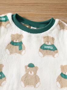 SHEIN Leap Crew 2 件套小男孩简约可爱熊印花拼色罗纹圆领长袖和长裤柔软舒适珊瑚绒睡衣套装，秋冬 - 彩色 - 查看 3