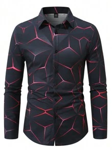 Manfinity Homme 男士休闲日常全身印花纽扣长袖衬衫，秋季 - 彩色 - 查看 5