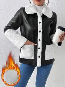 SHEIN Essnce 女式拼色毛绒领长袖双口袋休闲常规夹克，秋冬季 - 黑色 - 查看 1