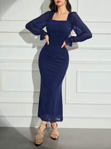 Modelyn 女士优雅收腰方领连衣裙，秋季长款晚礼服 - 藏蓝色 - 查看 4