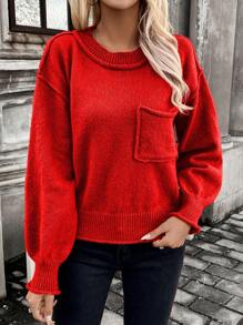SHEIN LUNE Áo len dài tay cổ tròn trễ vai màu trơn cho nữ, trang phục thường ngày mùa thu/đông năm mới - Đỏ - Xem 3
