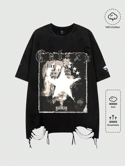 Street Life Men's Distressed Five-Pointed Star Printed T-Shirt, Suitable For Daily Wear In Spring And Summer, School