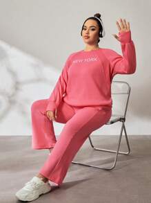 Easithlete Letter Print Round Neck Long Sleeve Top And Pants Casual Sports Set - Rose Red - View 6