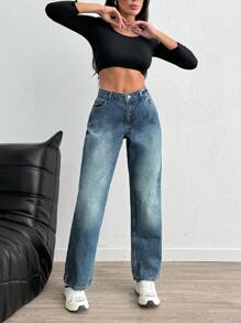 RueChic WOMEN STRAIGHT LOW WAIST JEANS - Medium Wash - View 1