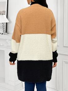SHEIN Lady Women's Black And Cream Fuzzy Sweater Cardigan,Contrast Color Wide Stripe Long Sleeve Casual Commuting Outfits For Autumn,Winter Occasion Clothes - Multicolor - View 4