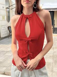 INAWLY Débardeur décontracté d'été pour femme à col décolleté noué et ajouré, en couleur unie - Rouge - Voir 4