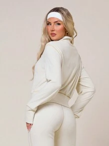 VARSITIE Women's Contrast Trim Zipper Front Casual Hoodie Hoodie - White - View 2