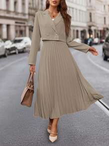 SHEIN Clasi Women's Elegant Apricot Short Suit Jacket & Pleated A-Line Skirt 2 Pieces Set - Khaki - View 6