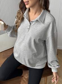 SHEIN Maternity Plain Front Button Long Sleeve Casual Sweatshirt, For Winter