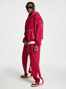 Manfinity VCAY Men Embroidered English Letter Loose Knit Long Sleeve Sweatshirt Set - Burgundy - View 5