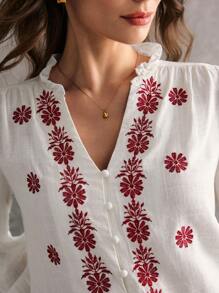 Poéselle White Linen Embroidered Red Flower Long Sleeve Blouse, Women Embroidery Embellished Long Sleeve Tops, Fall Women's, Bohemian Style, Featuring Intricate Embroidery, Luxurious Fabric And Excellent Breathability, Perfect For Daily Wear, Commuting, Vacation And Home Leisure. - White - View 2
