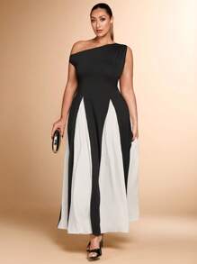 SHEIN BAE Váy chữ A không tay chéo vai thanh lịch cỡ lớn cho nữ màu đen trắng nối liền màu tương phản, phù hợp để đi làm, hẹn hò, dự tiệc - màu đen - Xem 7