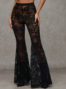 SHEIN BAE Women's Black Sexy Lace Night Out/Rave Party/Club Wear/Bachelor Party/Theme Party Outfit See-Through Lace Wide-Leg Flared Pants/70s Clothes/Black Pants,Valentine's Day,Valentine Outfits For Women - Black - View 5