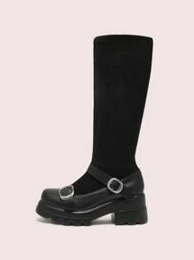 CUCCOO DOLLMOD Women Round Toe Platform Block Heel Black Suede Pu Patchwork Slip-On Knee High Boots