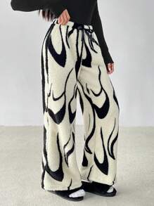 SHEIN PETITE Pantalones anchos y sueltos de pierna ancha con cintura de lazo y estampado de cebra casuales para mujer