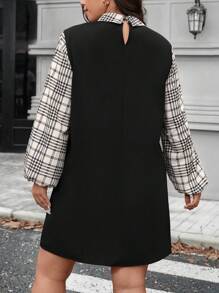 SHEIN LUNE Plus Size Women's Black Fuzzy Ribbed Splice Sleeve White Solid Shirt Collar Design Long Sleeve Dress, Autumn/Winter Dress
