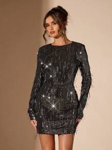 SHEIN BAE 女士优雅亮片流苏装饰长袖连衣裙，适合休闲约会、夜店派对、宴会、Y2K 闪亮圣诞女装、圣诞女装、派对女装、新年前夜连衣裙、圣诞女装、圣诞连衣裙、感恩节连衣裙、新年连衣裙、半正式连衣裙、秋冬 - 酒紅色 - 查看 5