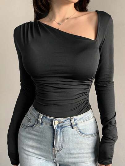 DAZY Camiseta casual de mujer de manga larga, ajustada, con cuello oblicuo y unicolor, ropa de vuelta al colegio