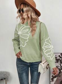 SHEIN LUNE Women Casual Embroidery Floral Pattern Stand Collar Batwing Loose Sweater - Multicolor - View 6