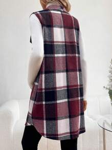SHEIN Jaket Tanpa Lengan Kasual Kancing Depan Motif Kotak-kotak untuk Wanita Hamil, Untuk Ibu Hamil - Redwood - View 2