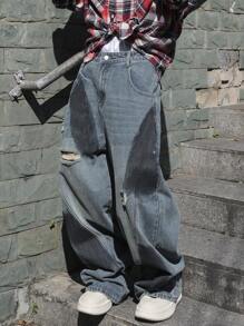 Manfinity EMRG Jeans vaqueros informales, anchos y holgados con efecto desgastado en azul oscuro liso para hombre, un regalo para el esposo o el novio