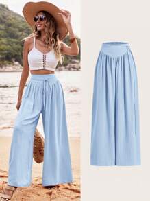 SHEIN VCAY Quần ống rộng xếp ly cạp cao màu trơn cho kỳ nghỉ dành cho nữ - Màu xanh nhạt - Xem 3