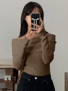 DAZY Suéter de punto de unicolor con hombros descubiertos para mujer, elegante casual para uso diario, suéter con hombros descubiertos para otoño/invierno