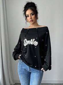 SHEIN Privé Women's Open Shoulder Batwing Sleeve Drawstring Beaded Sweatshirt - Black - View 4