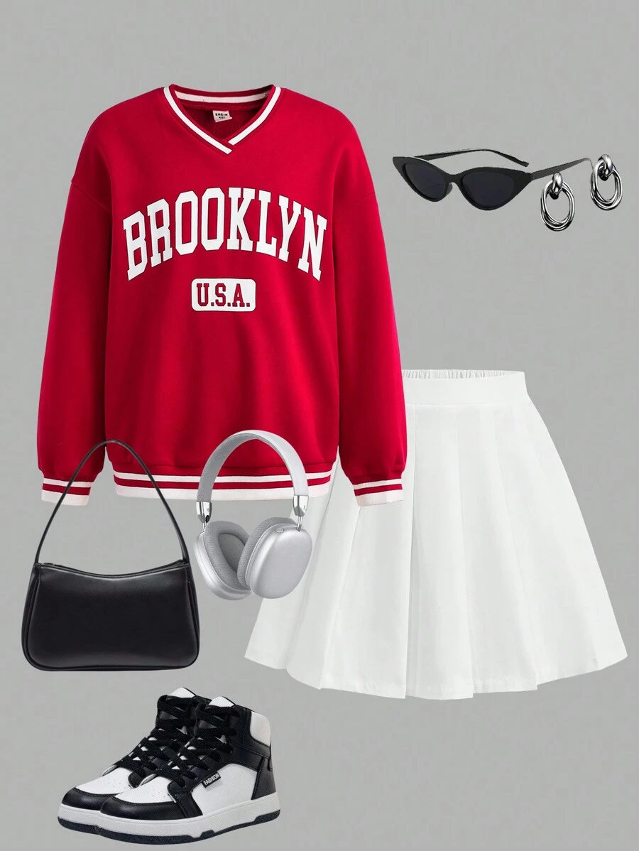 SHEIN 2 pezzi/Set Vestiti casual per ragazze tween, felpa con grafica a lettera ampia e gonna plissettata corta - Rosso - Visualizzare 1