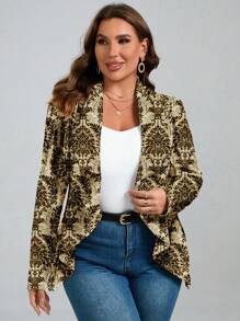 SHEIN Clasi بلايزر أنيق غير متماثل الذيل مطبوع لحجم كبير - كاكي - مشاهدة 3