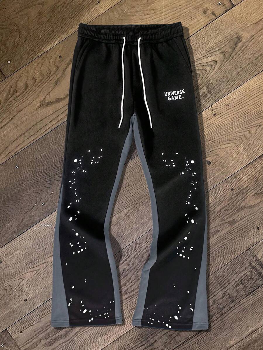 Manfinity Roghcode Men's Letter Print Drawstring Waist Side Pocket Straight Loose Casual Black Sweatpants,Autumn Streetwear Workout Color Block Long Pants For Rave - Black - View 1