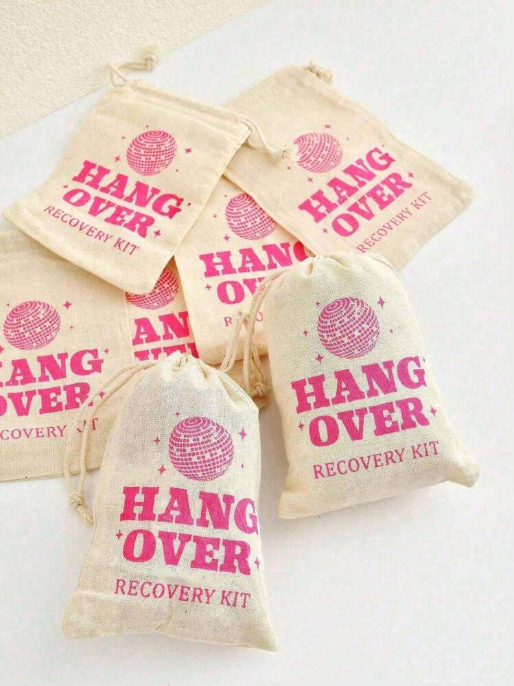 SHEIN Hangover Survival Kit Canvas Favor Bags, Drawstring Gift Bags (1/2/6/12 Pack) For Wedding, Christmas, Halloween Party Favors - Pink - View 1