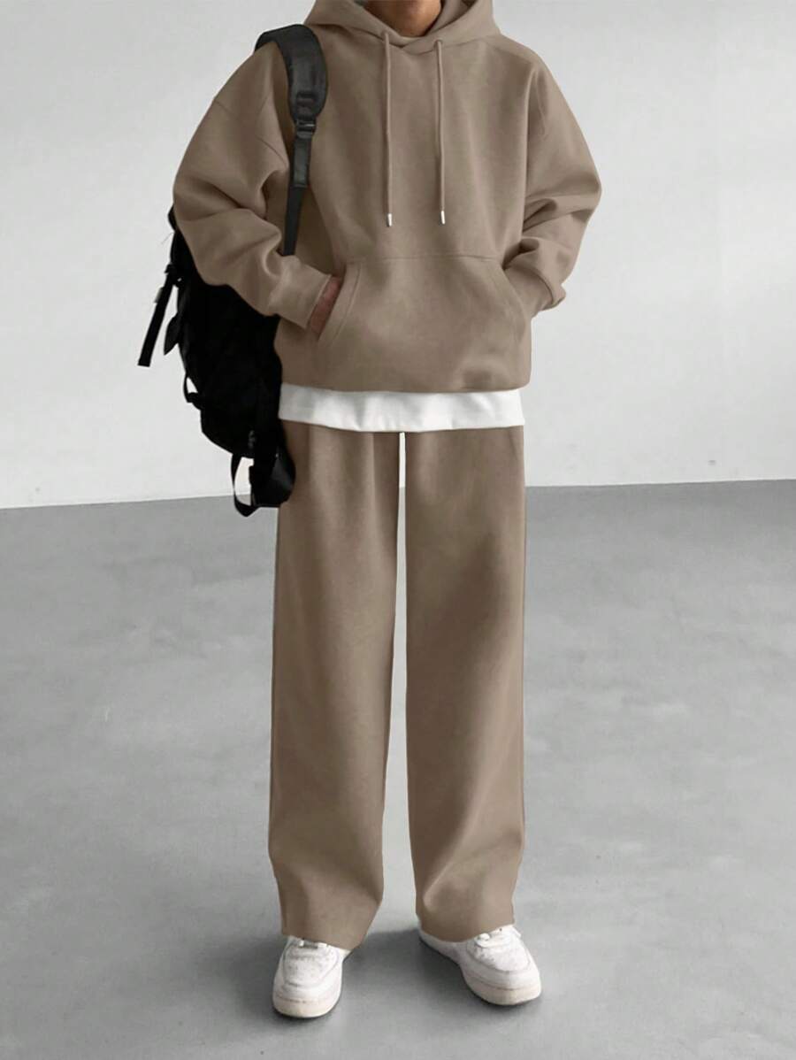 DAZY Bộ quần dài tay có mũ trùm đầu và túi màu trơn cho nam, mùa thu - Màu Khaki - Xem 1