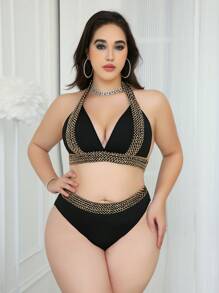 2 件大码亮片弹力抹胸文胸和内裤套装，无钢圈 - 彩色 - 查看 1