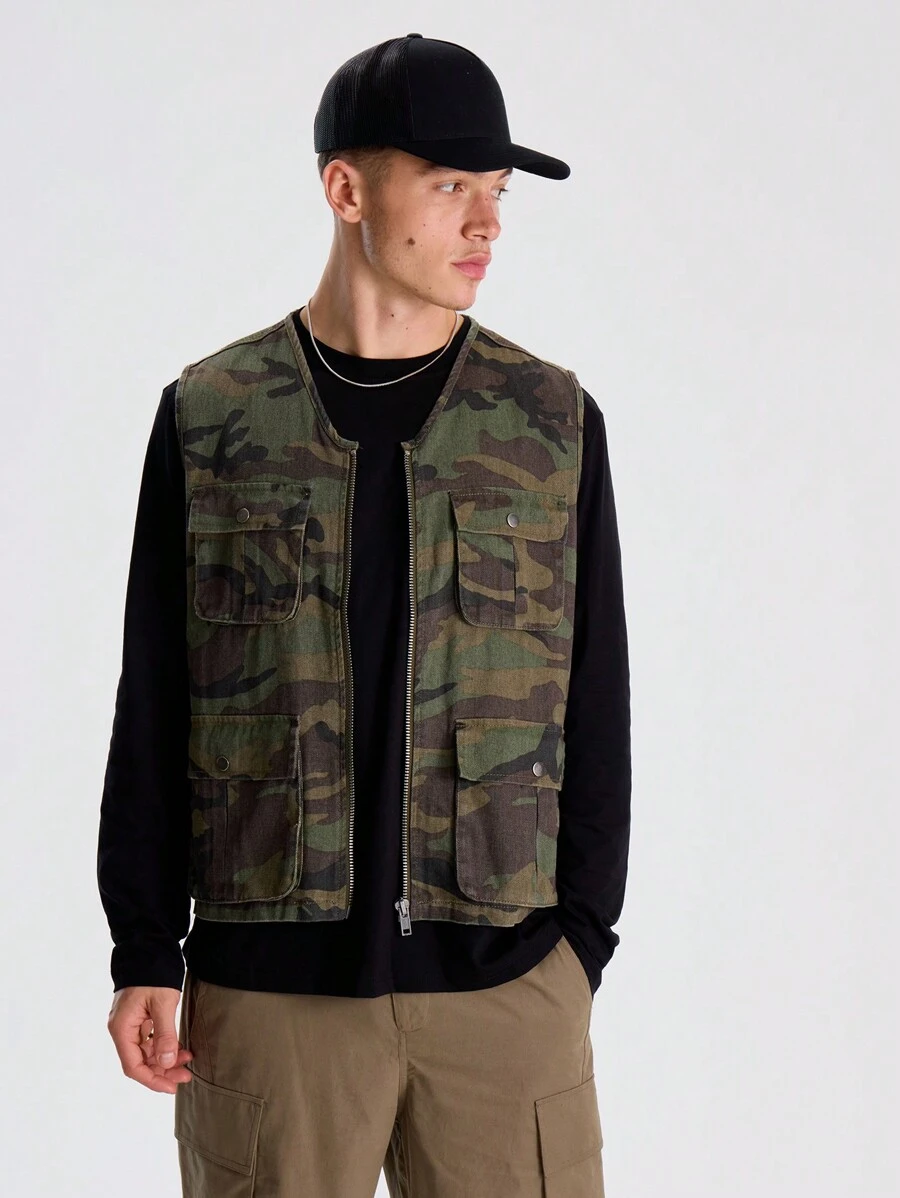 Musero Men Woven Zip Up Camo Vest - Multicolor - View 1