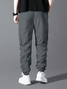 Manfinity Homme Men's Casual Street Style Solid Color Drawstring Waist Flap Pocket Cargo Pants, Fall - Dark Grey - View 2