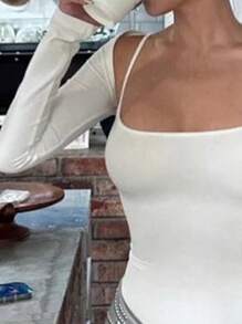 INAWLY 2pcs/Set Women Solid Color Spaghetti Strap Camisole And Basic Long Sleeve Jacket, Minimalist Style - White - View 3