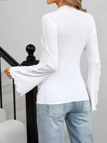 SHEIN Maternity Women's Solid Color Plain Everyday Matching Long Sleeve T-Shirt With Flare Sleeve, White - White - View 2